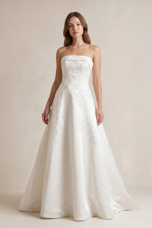 Strapless A Line Satin Wedding Dress With Appliques in Ivory - KissProm Wedding Dresses