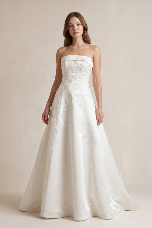 Strapless A Line Satin Wedding Dress With Appliques in Ivory - KissProm Wedding Dresses