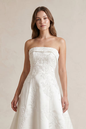 Strapless Ball-Gown Satin Wedding Dress With Appliques in Ivory