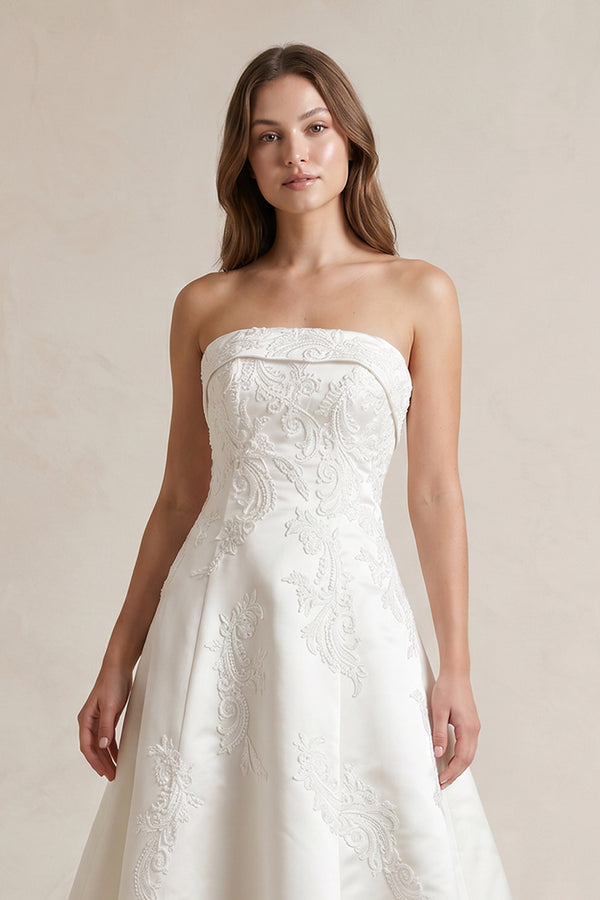 Strapless Ball-Gown Satin Wedding Dress With Appliques in Ivory