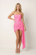 Hot Pink Strapless Basque Waist Sheath Ruched Chiffon Homecoming Dress With Ribbon | KISSPROM