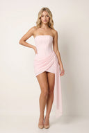 Pink Strapless Basque Waist Sheath Ruched Chiffon Homecoming Dress With Ribbon - KISSPROM
