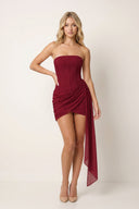 Burgundy Strapless Basque Waist Sheath Ruched Chiffon Homecoming Dress With Ribbon | KISSPROM