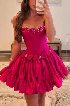 Strapless Black Beaded Short Homecoming Dress with Bow - KissDress