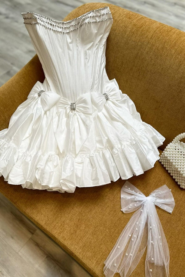 Strapless Black Beaded Short Homecoming Dress with Bow - KissDress