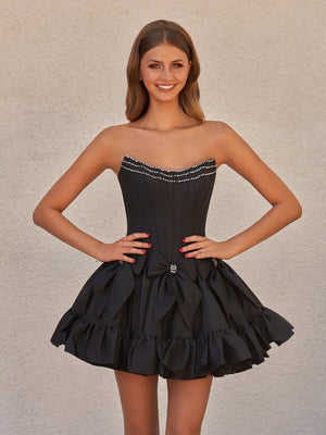 Strapless Black Beaded Short Homecoming Dress with Bow - KissDress