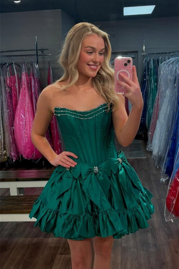Strapless Black Beaded Short Homecoming Dress with Bow - KissDress