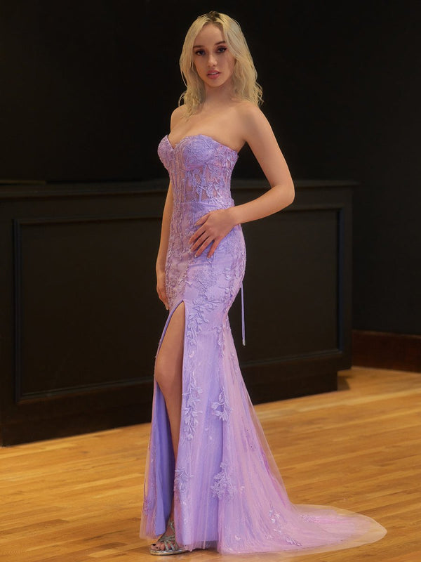nyomi mermaid strapless corset lace prom dress with slit white christmas dresses Nyomi Hot Pink Mermaid Strapless Corset Lace Prom Dress with Slit