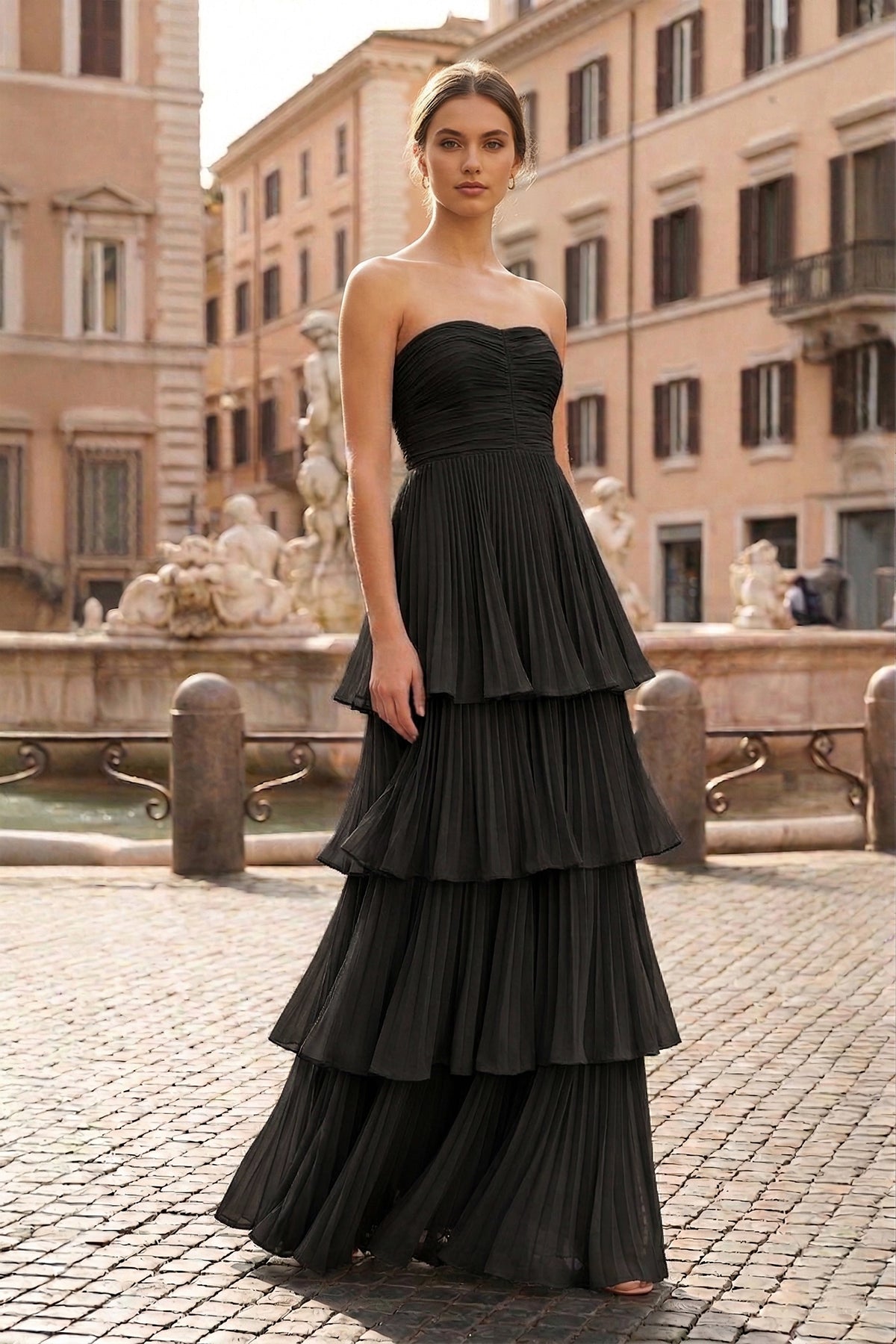 KissProm Strapless Emerald Green Ruffle Multi-Layer Long Prom Dress, Black / 6