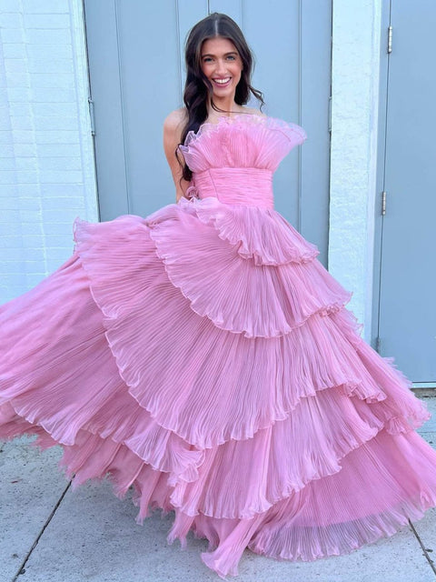 A-Line Strapless Tiered Floral Print Tiered Prom Dresses with Slit VK26012701