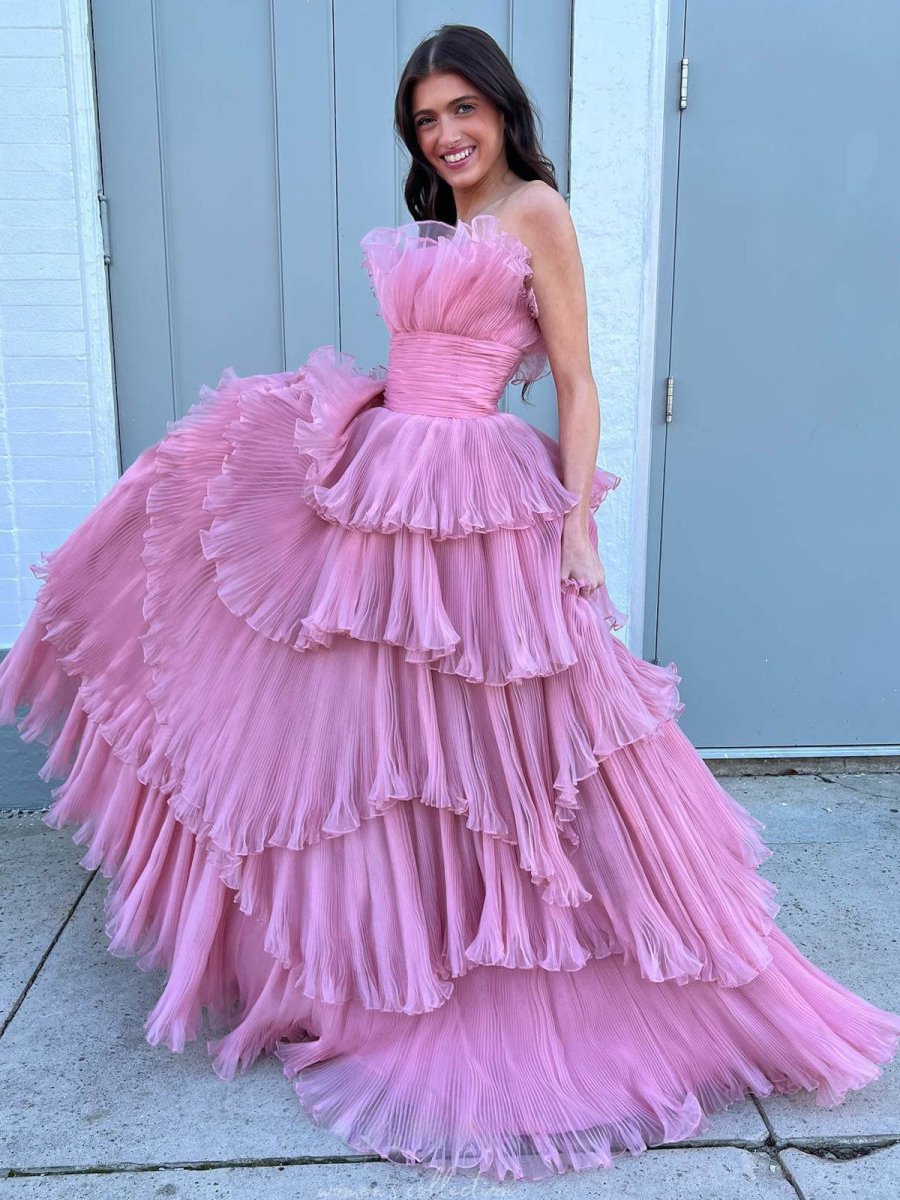 Vanessa Blue Strapless A-Line Tiered Crinkled Tulle Prom Dress