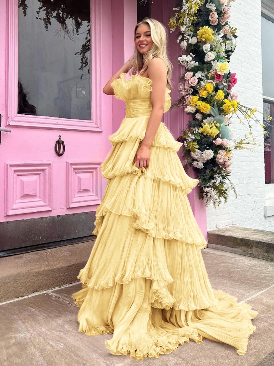 Vanessa |Strapless A-Line Tiered Crinkled Tulle Prom Dress