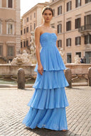 Strapless Emerald Green Ruffle Multi-Layer Long Prom Dress - KISSPROM PROM DRESSES