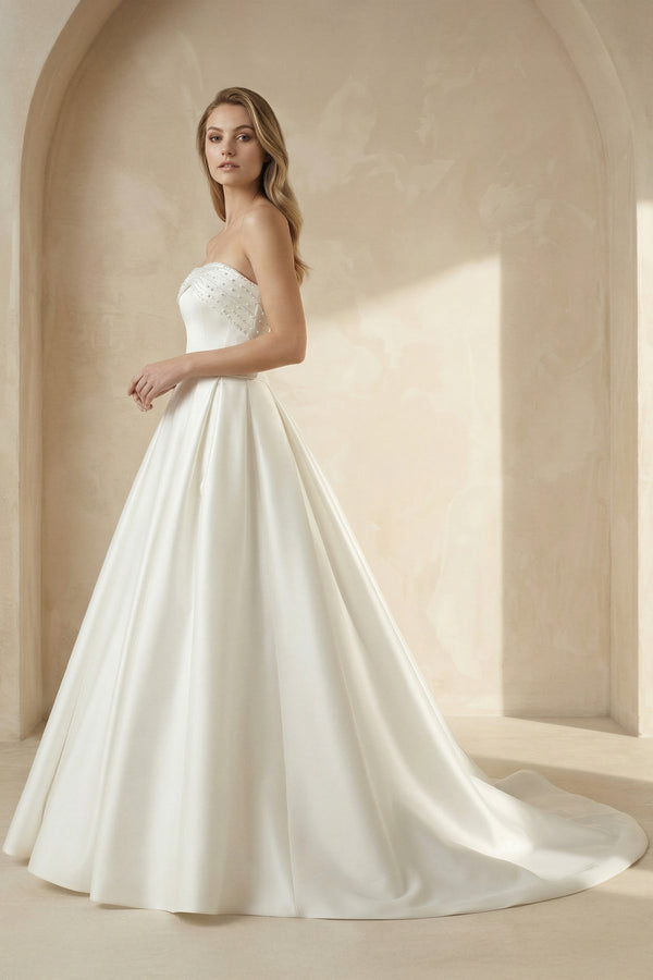 Strapless Bow - Back Pearls A - Line Wedding Dresses in White - KissProm Wedding Dresses