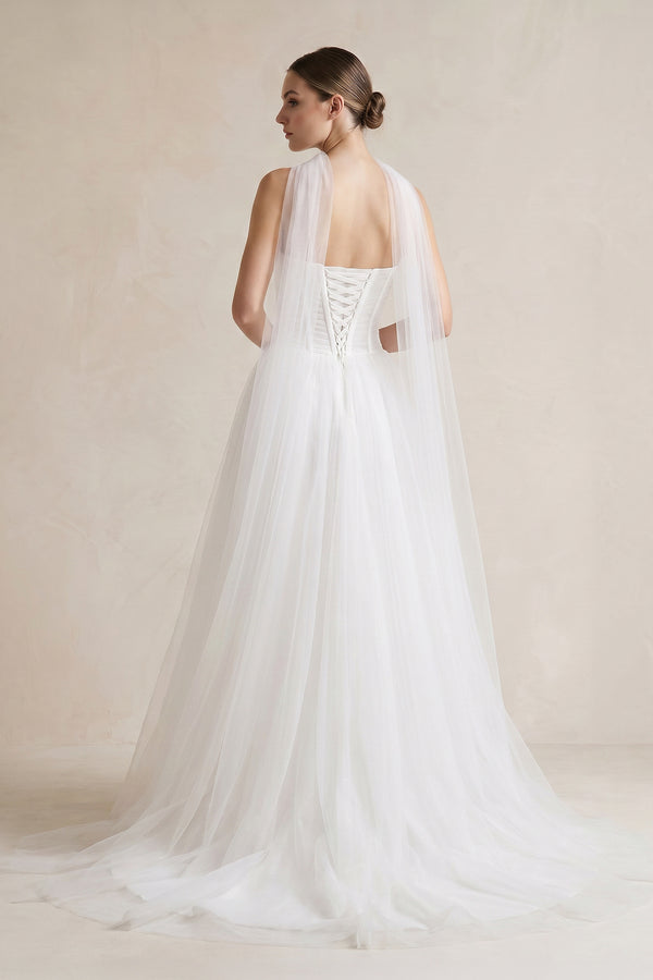 Strapless Chiffon A - Line Pleated Scarf Wedding Dress in Ivory - KissProm Wedding Dresses