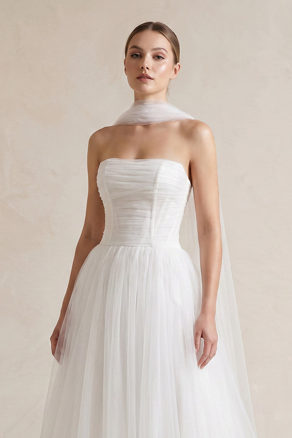 KissProm Strapless Chiffon A-Line Pleated Scarf Wedding Dress in Ivory, Ivory / 14