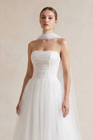 Strapless Chiffon A - Line Pleated Scarf Wedding Dress in Ivory - KissProm Wedding Dresses