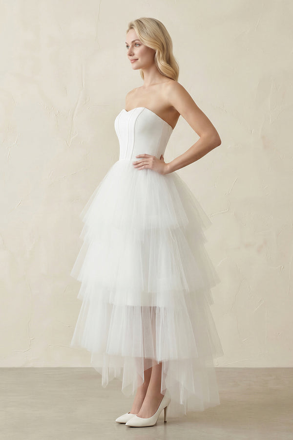 White Classic Strapless Satin High Low Wedding Dress – Wedding Dresses by KissProm | Available at KissProm