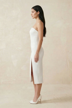 Strapless Crepe Sheath Midi Wedding Dress in White - KissProm Wedding Dresses