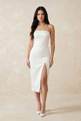 Strapless Crepe Sheath Midi Wedding Dress in White - KissProm Wedding Dresses