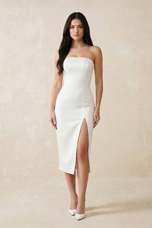 sheath midi wedding dress Strapless Crepe Sheath Midi Wedding Dress in White, White / 10