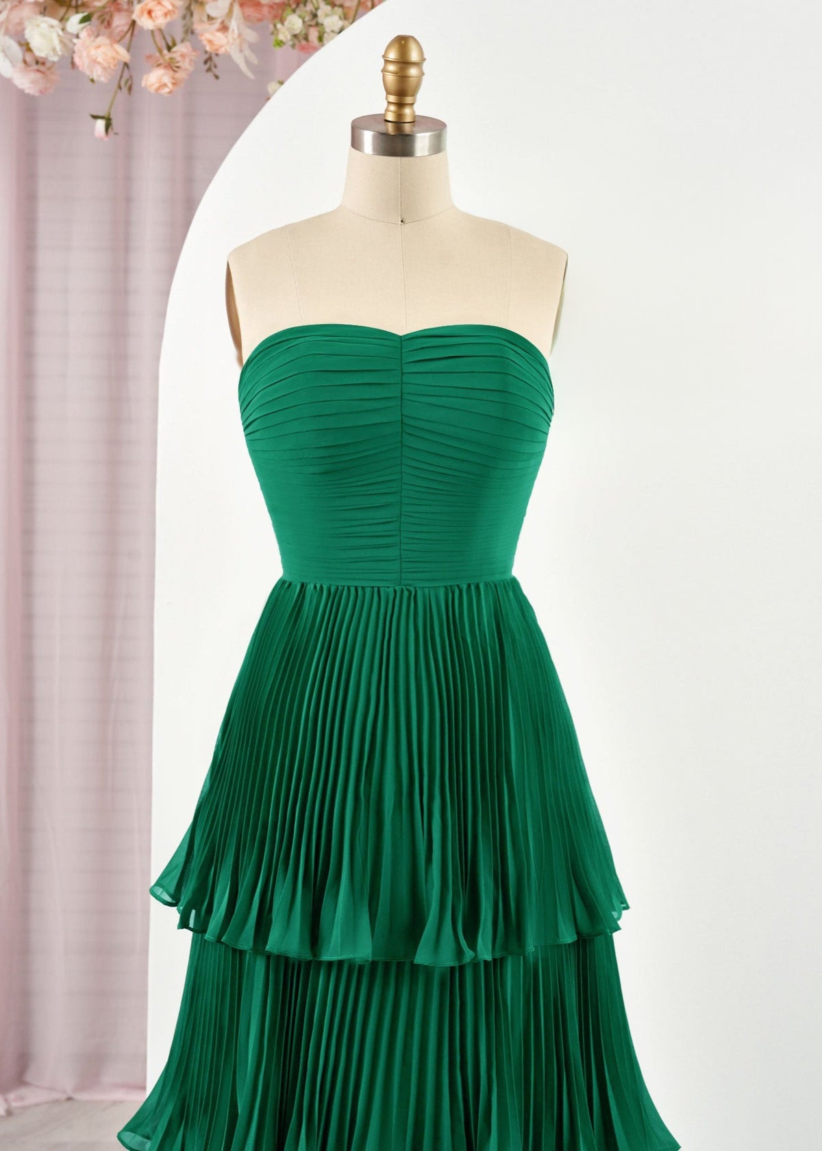 Khalani | Strapless Emerald Green Ruffle Multi-Layer Long Prom Dress