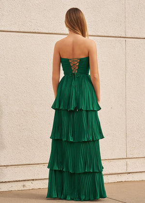 Khalani | Strapless Emerald Green Ruffle Multi-Layer Long Prom Dress