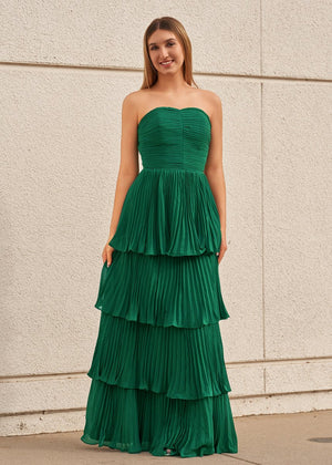 Khalani | Strapless Emerald Green Ruffle Multi-Layer Long Prom Dress