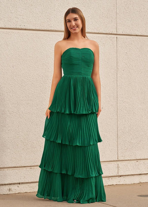 Khalani | Strapless Emerald Green Ruffle Multi-Layer Long Prom Dress