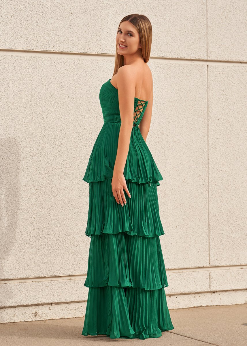 Khalani | Strapless Emerald Green Ruffle Multi-Layer Long Prom Dress