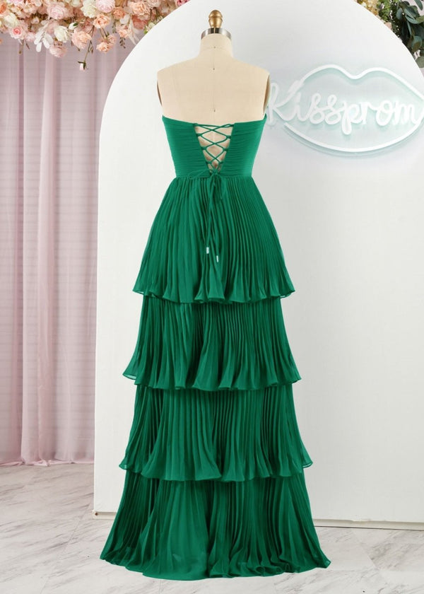 Khalani | Strapless Emerald Green Ruffle Multi-Layer Long Prom Dress