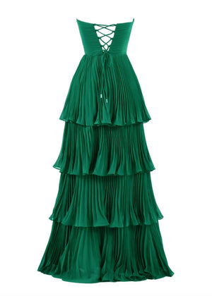 Khalani | Strapless Emerald Green Ruffle Multi-Layer Long Prom Dress