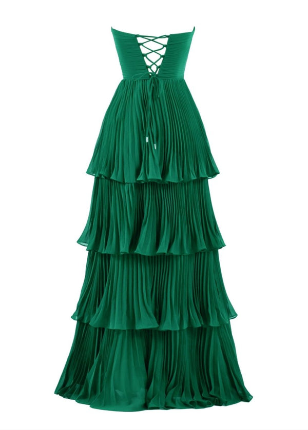 green ruffled dress Strapless Emerald Green Ruffle Multi-Layer Long Prom Dress, Green / 16