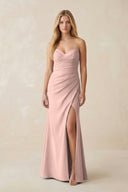 Strapless Ruched Sheath Satin Bridesmaid Dress With Slit in English Rose