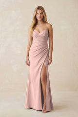 Strapless Ruched Sheath Satin Bridesmaid Dress With Slit in English Rose