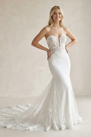 Strapless Lace Appliqued Corset Wedding Dress in White - KissProm Wedding Dresses