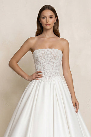 Strapless Lace Satin Corset Ball Gown Wedding Dress in White - KissProm Wedding Dresses