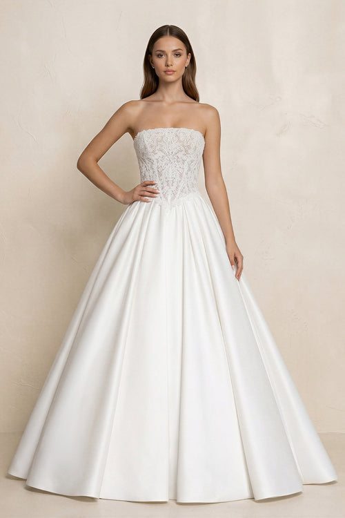 Strapless Lace Satin Corset Ball Gown Wedding Dress in White - KissProm Wedding Dresses