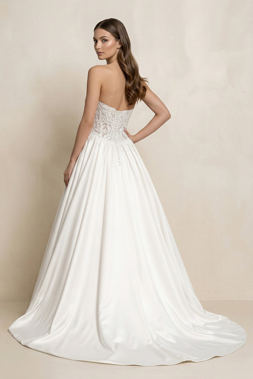 Strapless Lace Satin Corset Ball Gown Wedding Dress in White - KissProm Wedding Dresses