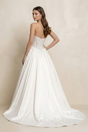 Strapless Lace Satin Corset Ball Gown Wedding Dress in White - KissProm Wedding Dresses