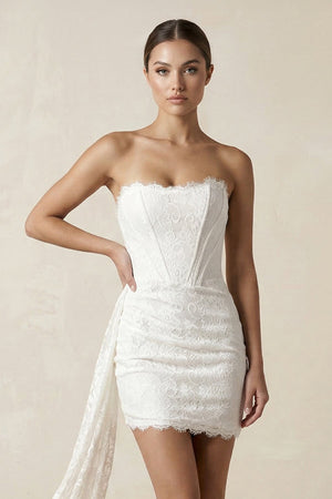 Strapless Lace Sheath Corset Mini Wedding Dress in White - KissProm Wedding Dresses