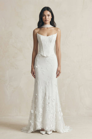Strapless Mermaid Appliqued Satin Wedding Dress in White - KissProm Wedding Dresses