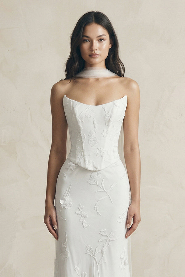 Strapless Mermaid Appliqued Satin Wedding Dress in White - KissProm Wedding Dresses