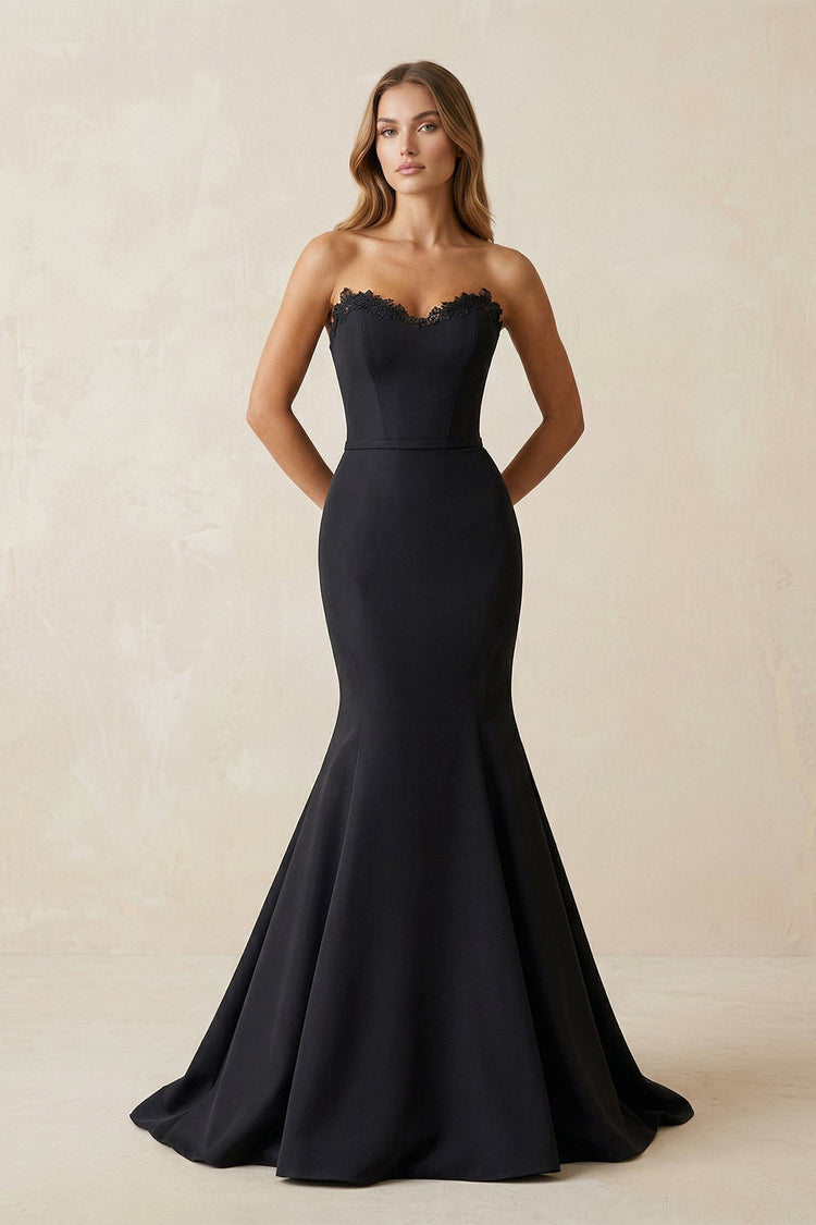 KissProm Strapless Mermaid Satin Sweetheart Satin Wedding Dress in Black, Black / 16