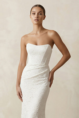 Strapless Mermaid Lace Wedding Dress with Corset in White - KissProm Wedding Dresses