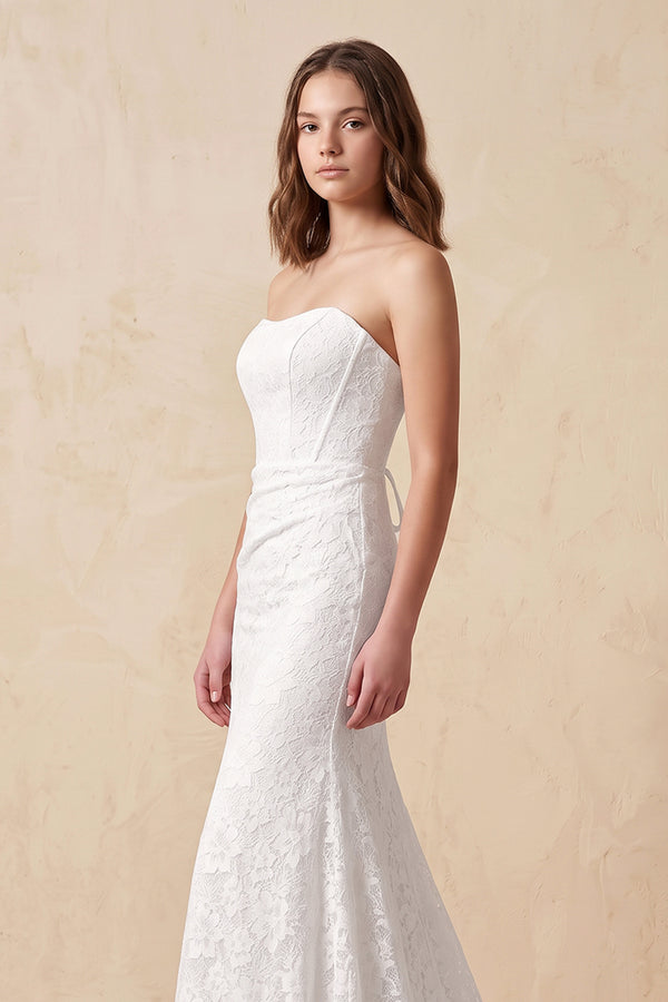 White Strapless Mermaid Lace Wedding Dress with Corset in White - KissProm Wedding Dresses