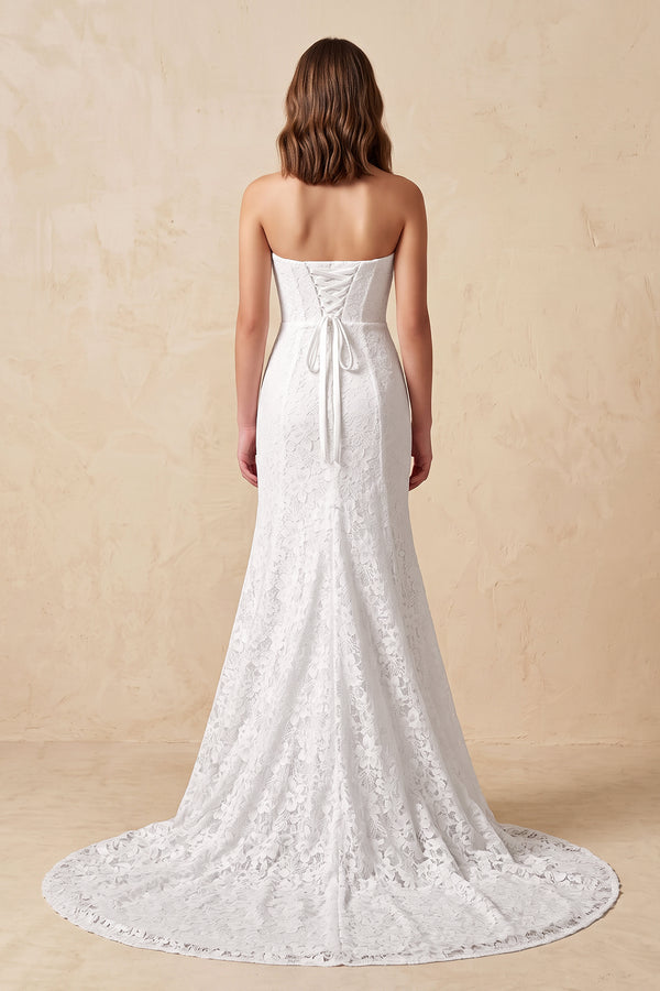 White Strapless Mermaid Lace Wedding Dress with Corset in White - KissProm Wedding Dresses