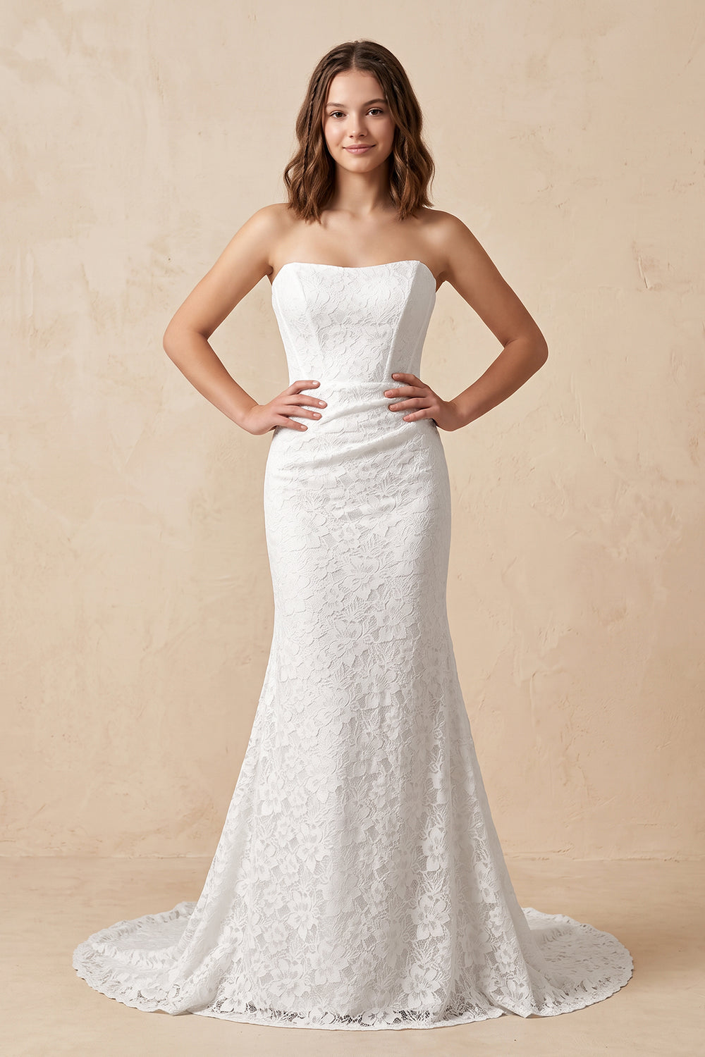 White Strapless Mermaid Lace Wedding Dress with Corset in White - KissProm Wedding Dresses