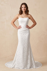 White Strapless Mermaid Lace Wedding Dress with Corset in White - KissProm Wedding Dresses