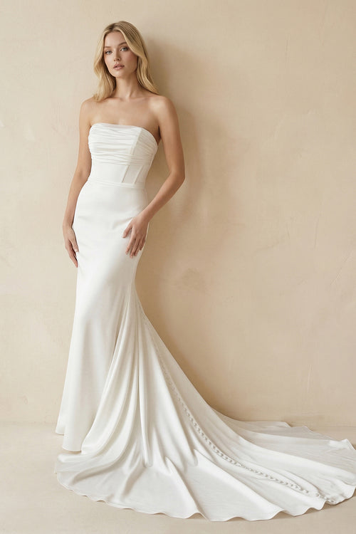 White Satin Strapless Mermaid Long Wedding Dress – Wedding Dresses by KissProm | Available at KissProm